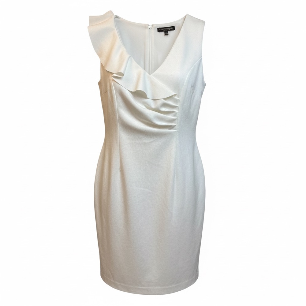 Adrienne Vittadini Sleeveless‎ Sheath Dress White Ruffle Ruched Sz 10 Elegant